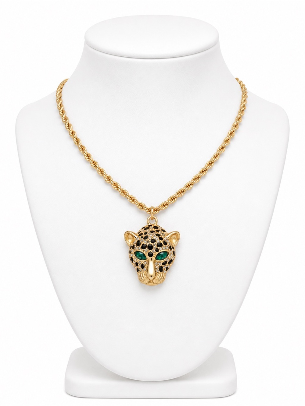 Gold Leopard Head Pendant Necklace with Green Eyes - Women Jewelry - Picture 2 of 3